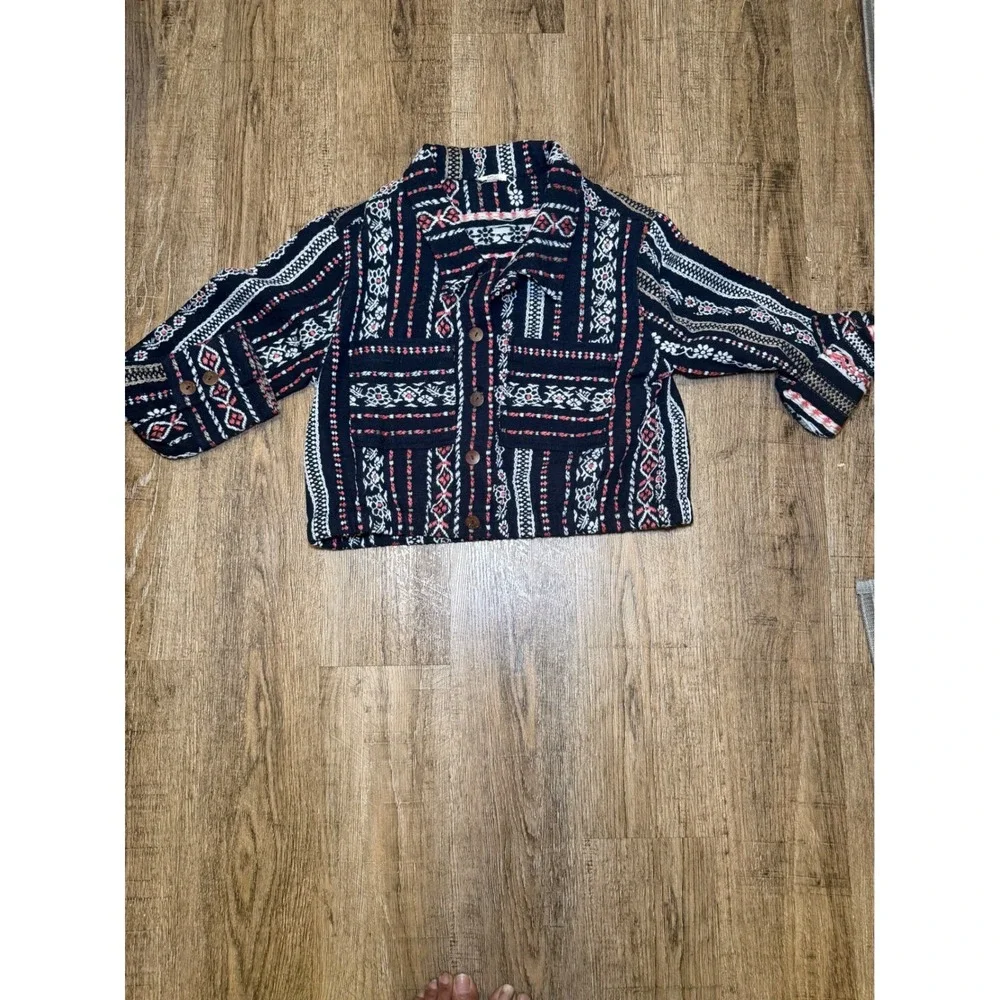 Billabong Cropped Tribal Print Button Down Shirt Jacket Navy‎ Red White XS